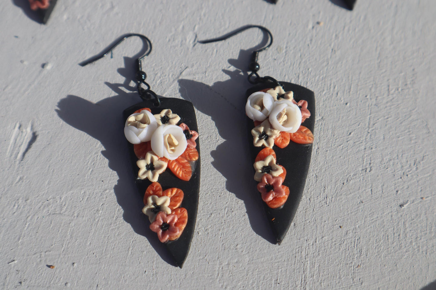 Halloween floral dagger shape dangles, clay lightweight handmade beautiful  earrings, polymer clay, Nickel free findings fall autumn