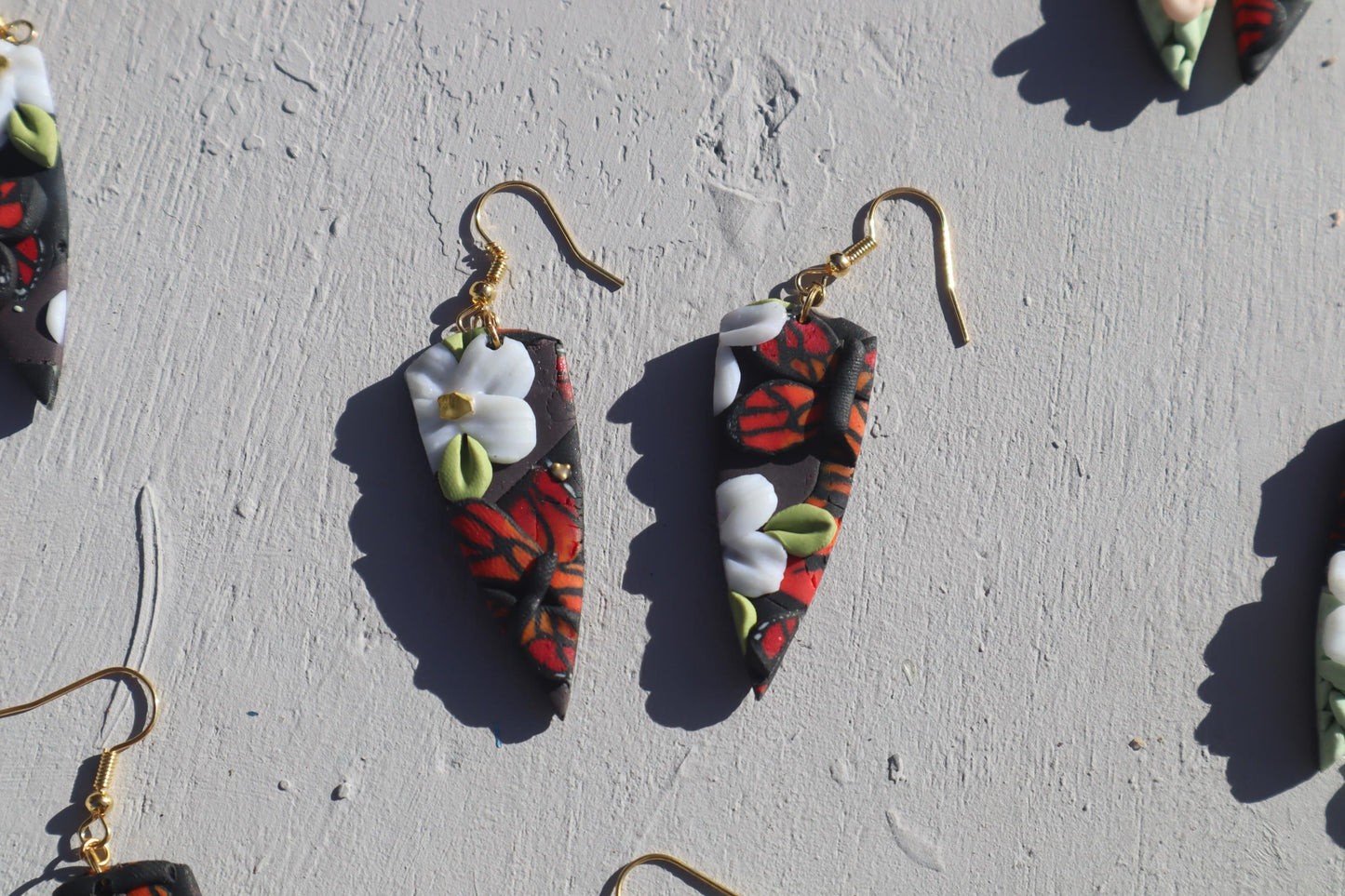Monarch Madness dagger shape floral dangles, clay lightweight handmade beautiful  earrings, polymer clay, Nickel free findings