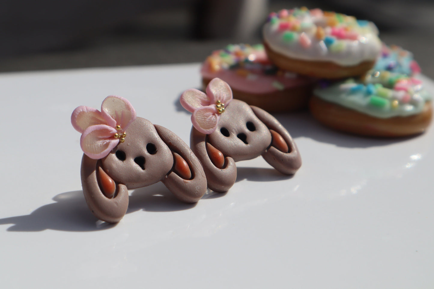 Bunny and flower studs, Resin, clay gold balls lightweight handmade beautiful stud earrings, polymer clay, Nickel free gold findings.