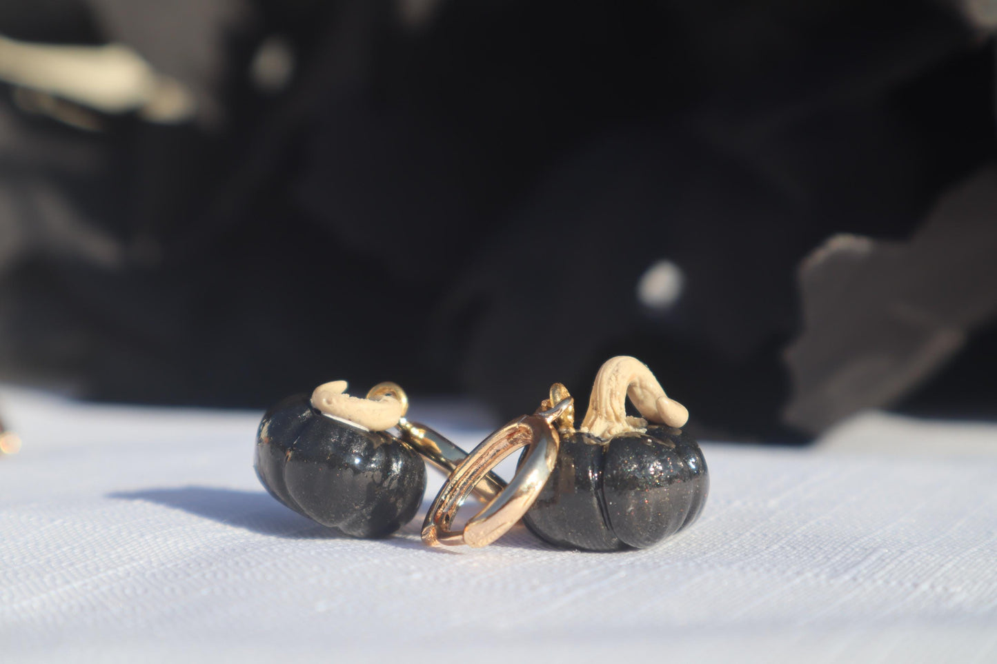 Miniature black pumpkin Huggies,  huggys gold plated 18k gold ,  lightweight handmade beautiful unique earrings. Halloween Autumn Fall