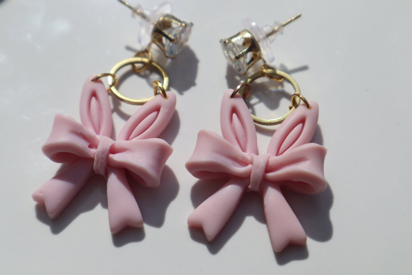 Bunny ear bow dangles, pink/gold diamanté lightweight handmade beautiful stud earrings, polymer clay, Nickel free gold findings.