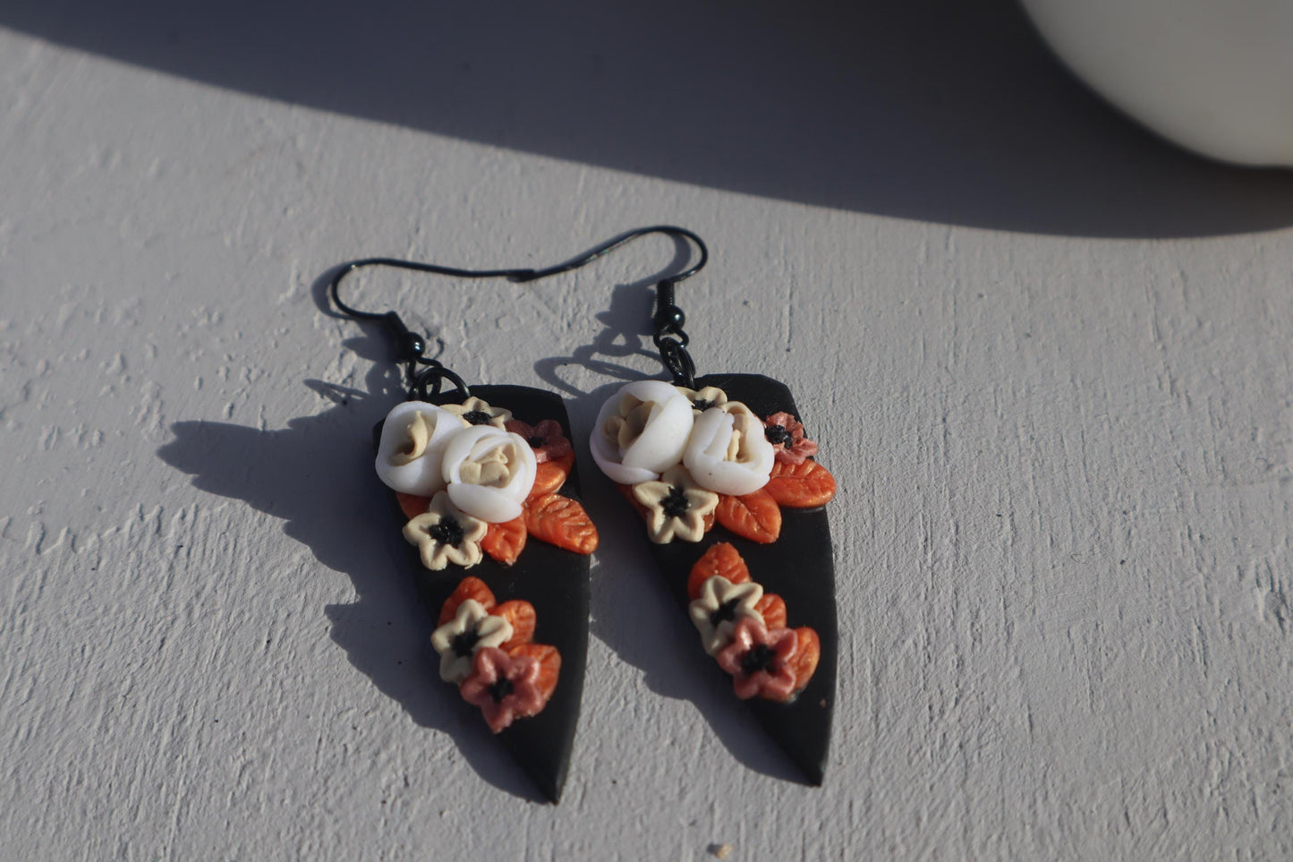 Halloween floral dagger shape dangles, clay lightweight handmade beautiful  earrings, polymer clay, Nickel free findings fall autumn