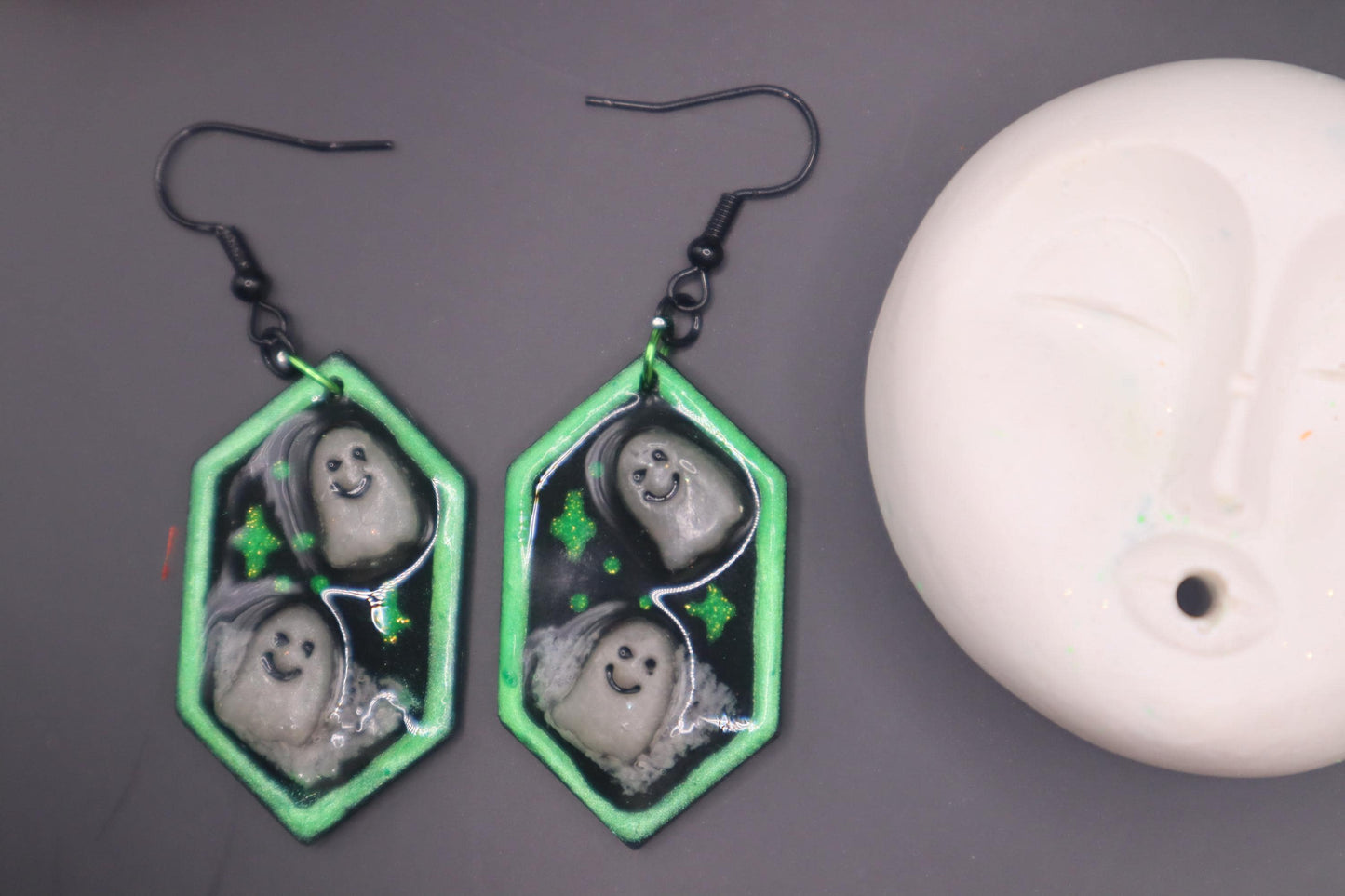 Halloween inspired dangles,polymer clay lightweight with resin, handmade beautiful earrings, Nickel free findings. Ghosts in the night