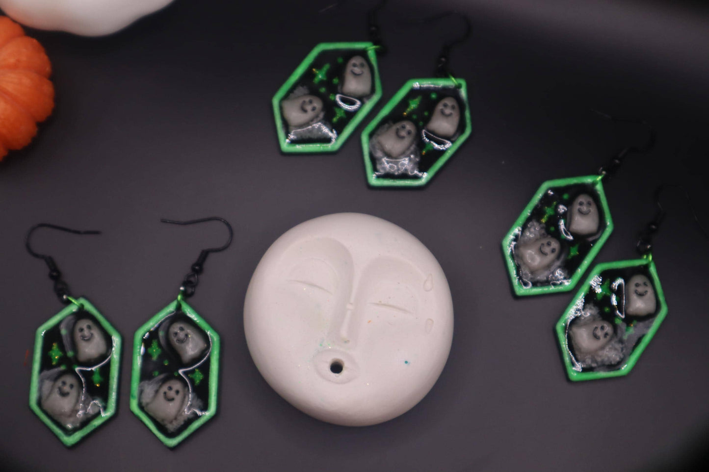 Halloween inspired dangles,polymer clay lightweight with resin, handmade beautiful earrings, Nickel free findings. Ghosts in the night