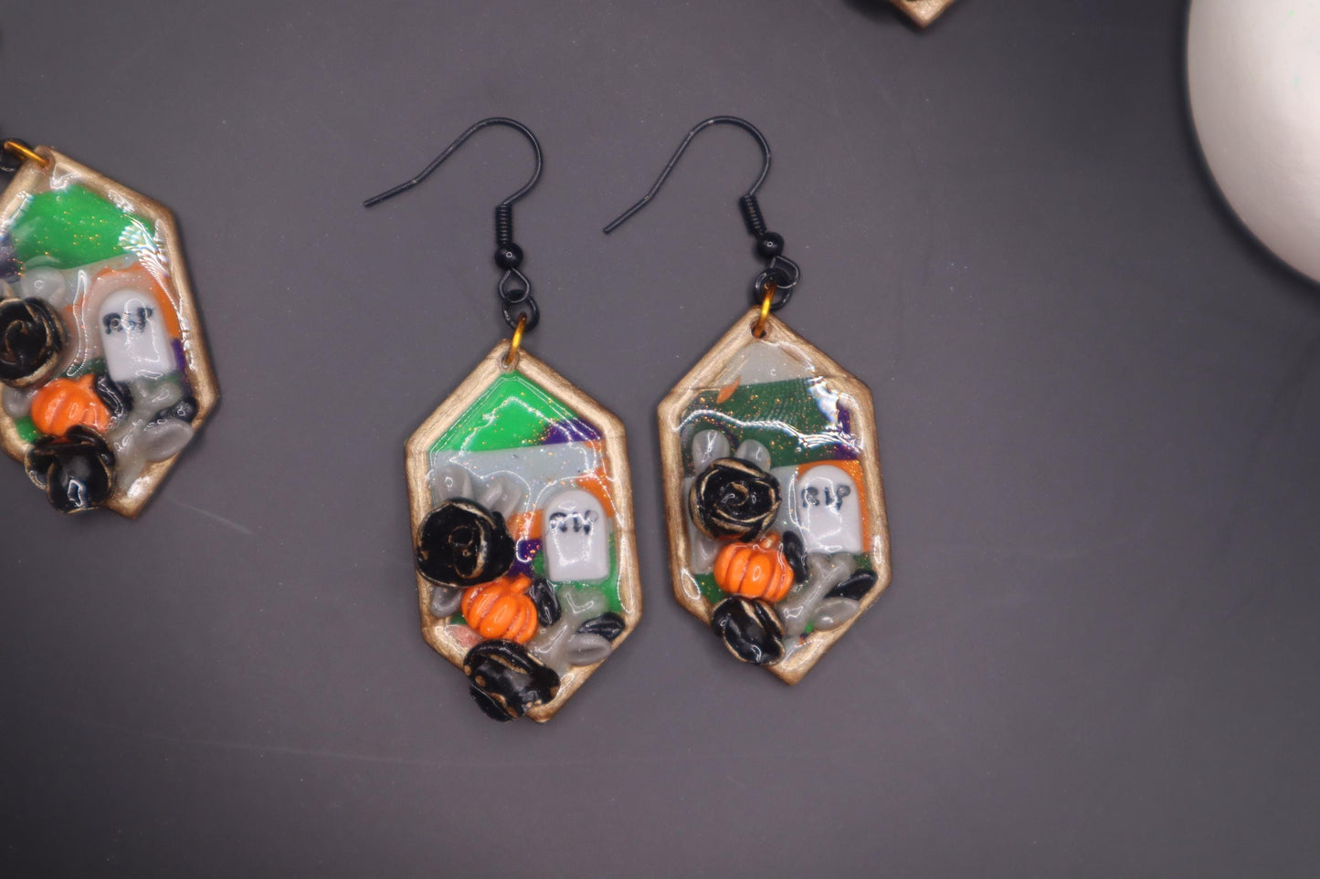 Halloween inspired Graveyard dangles,polymer clay lightweight with resin, handmade beautiful earrings, Nickel free findings.