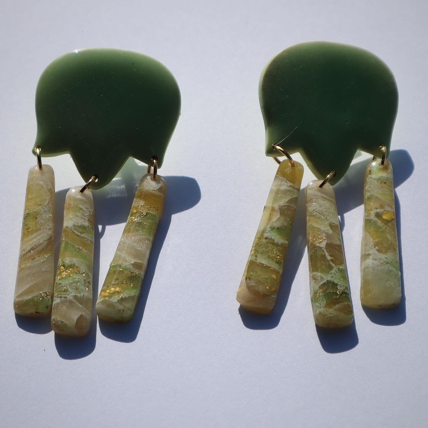 Green, Gold, Yellow, Glitter, Resin Faux stone polymer clay lightweight dangle studs. Nickel free handmade, Beautiful,Unique,Spring,earrings