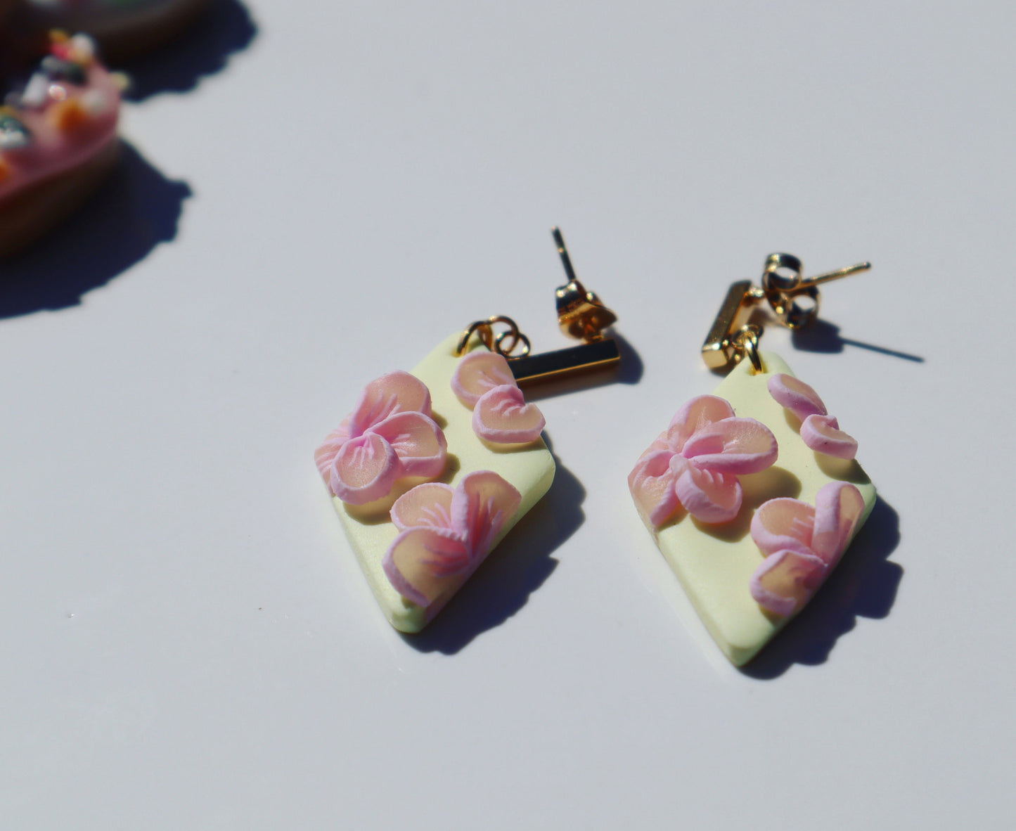 Pastel yellow flower dangle studs, clay lightweight handmade beautiful stud earrings, polymer clay, Nickel free 18k gold plated findings.