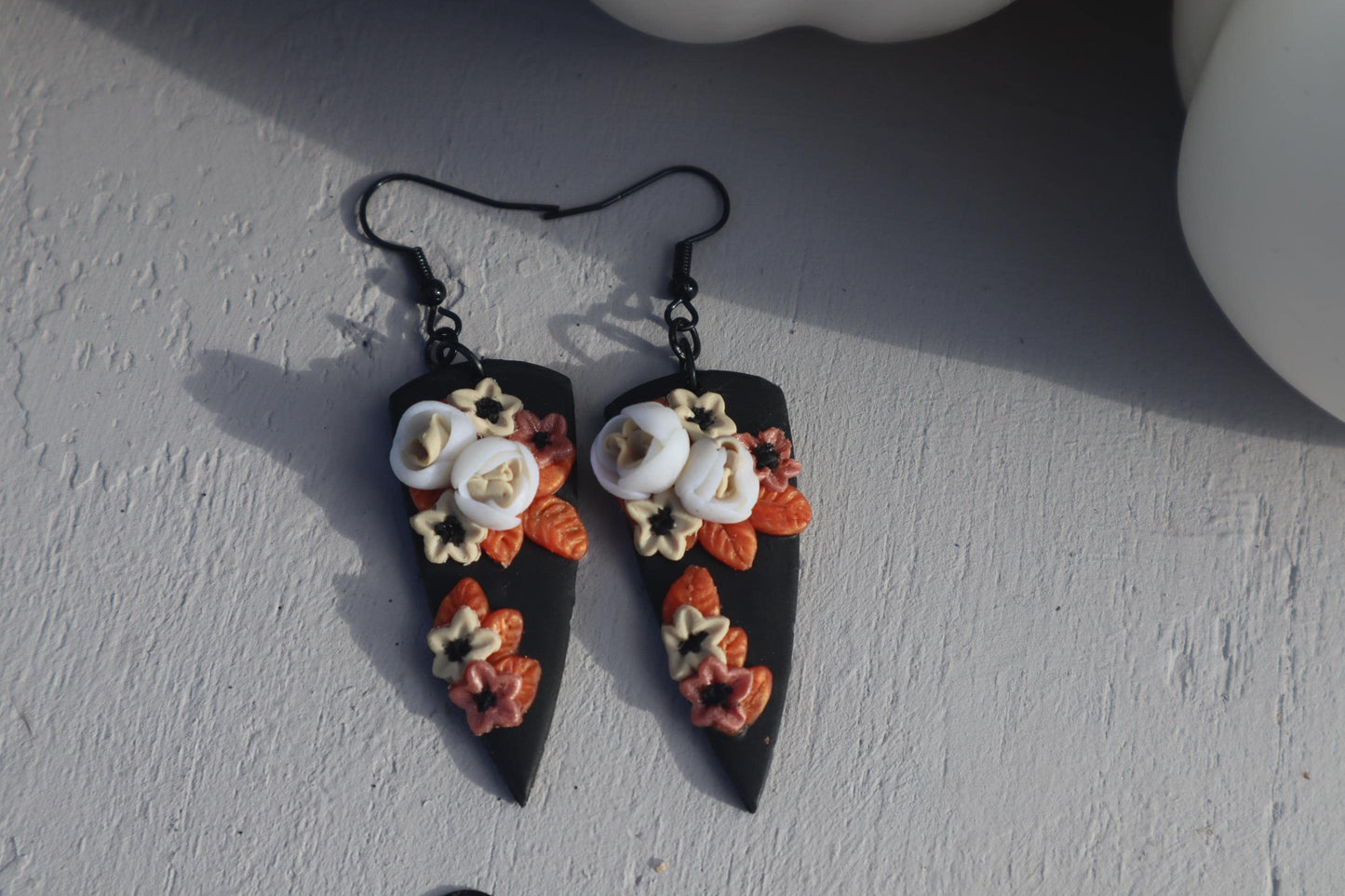 Halloween floral dagger shape dangles, clay lightweight handmade beautiful  earrings, polymer clay, Nickel free findings fall autumn