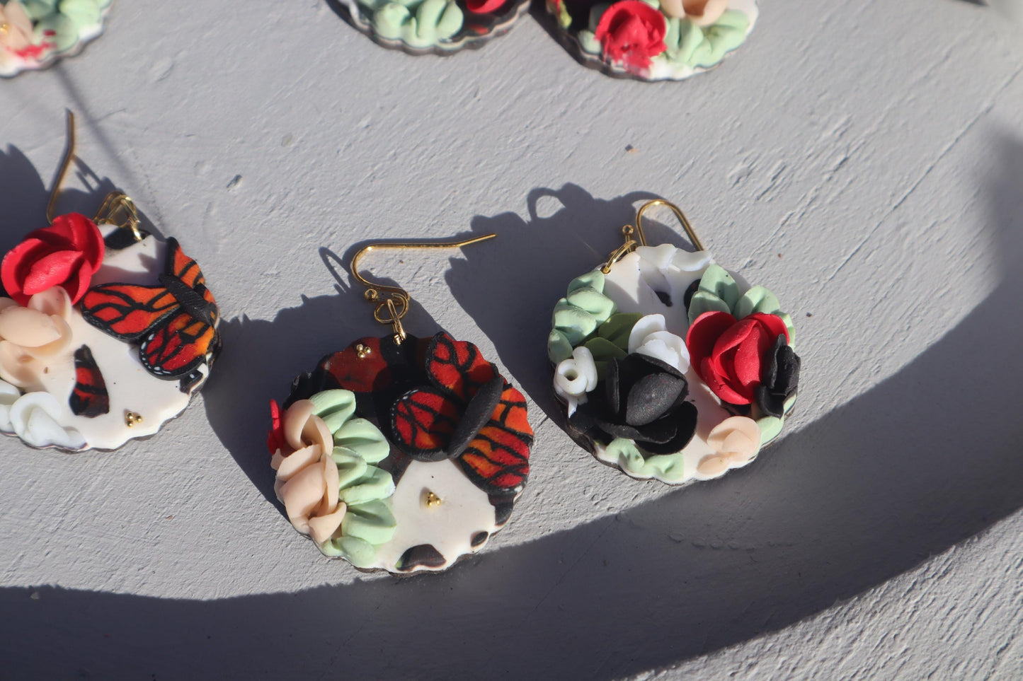 Monarch Madness scalloped edge dangles, clay lightweight handmade beautiful  earrings, polymer clay, Nickel free findings