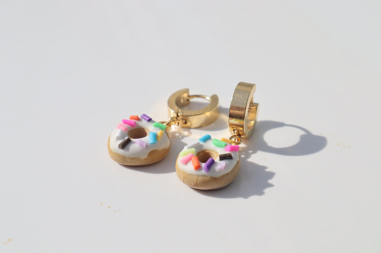 Miniature iced sprinkle doughnut Huggys 18k gold plated huggys 10/12mm lightweight handmade beautiful unique earrings, polymer clay doughnut