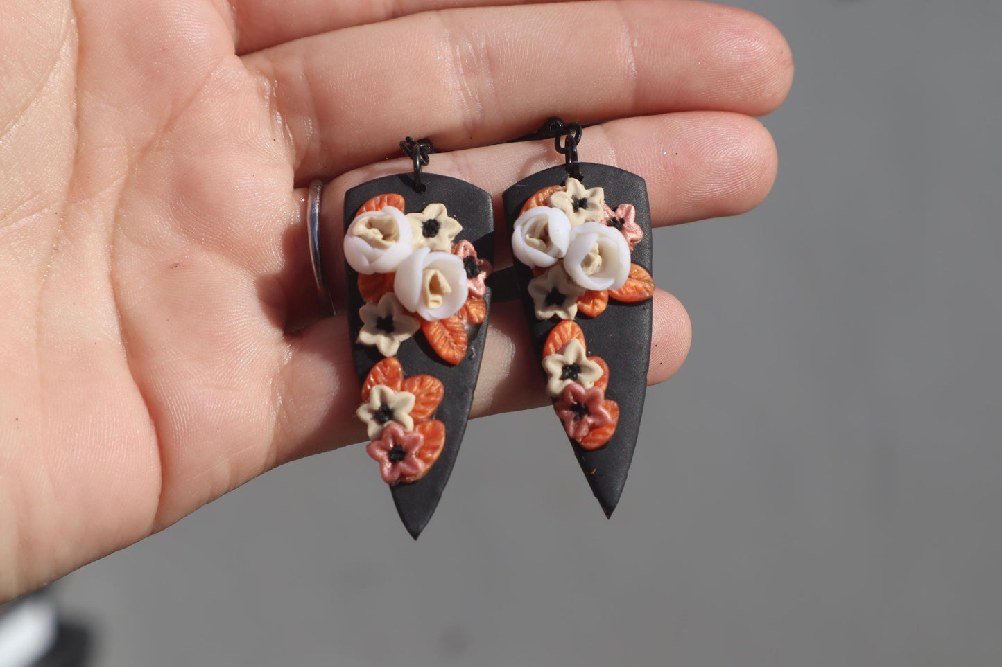 Halloween floral dagger shape dangles, clay lightweight handmade beautiful  earrings, polymer clay, Nickel free findings fall autumn