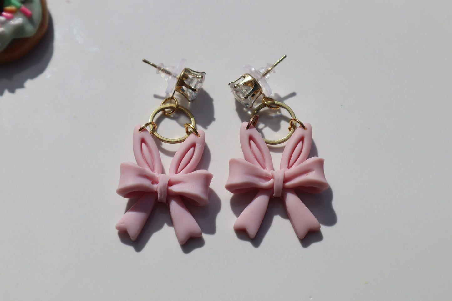 Bunny ear bow dangles, pink/gold diamanté lightweight handmade beautiful stud earrings, polymer clay, Nickel free gold findings.