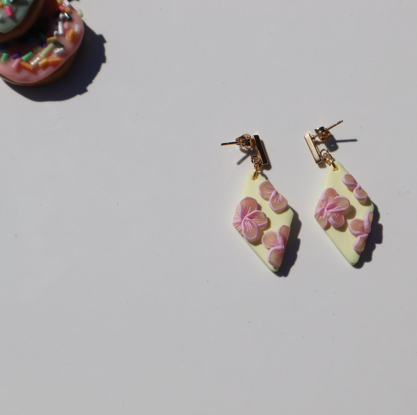 Pastel yellow flower dangle studs, clay lightweight handmade beautiful stud earrings, polymer clay, Nickel free 18k gold plated findings.