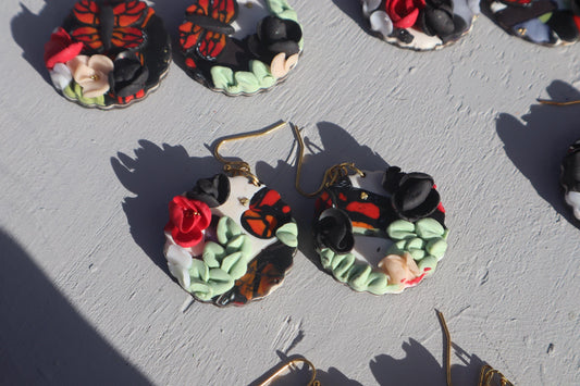 Monarch Madness scalloped edge dangles, clay lightweight handmade beautiful  earrings, polymer clay, Nickel free findings