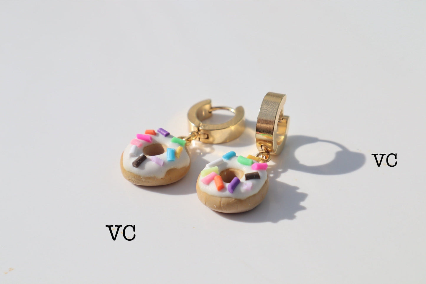 Miniature iced sprinkle doughnut Huggys 18k gold plated huggys 10/12mm lightweight handmade beautiful unique earrings, polymer clay doughnut