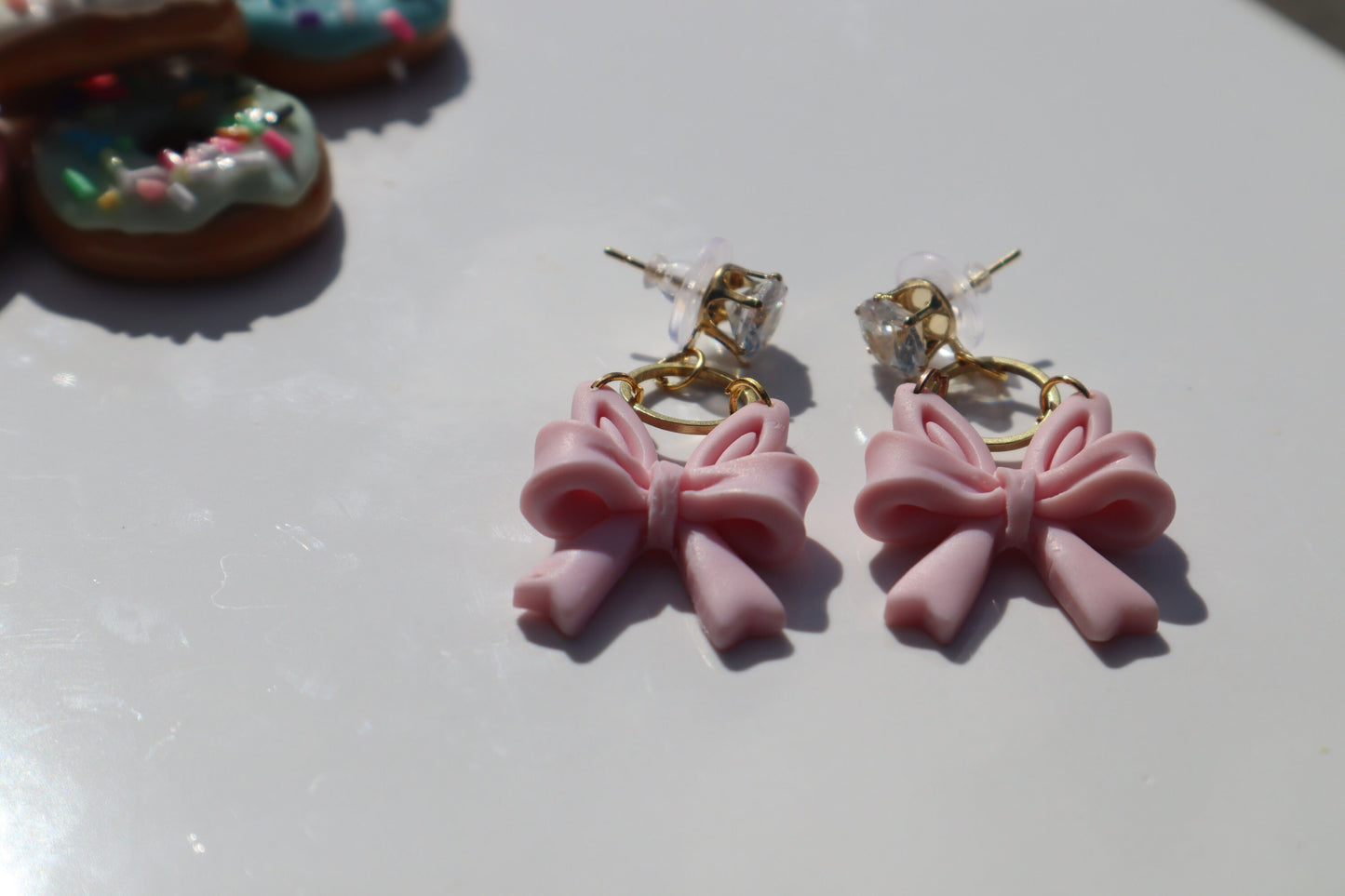Bunny ear bow dangles, pink/gold diamanté lightweight handmade beautiful stud earrings, polymer clay, Nickel free gold findings.
