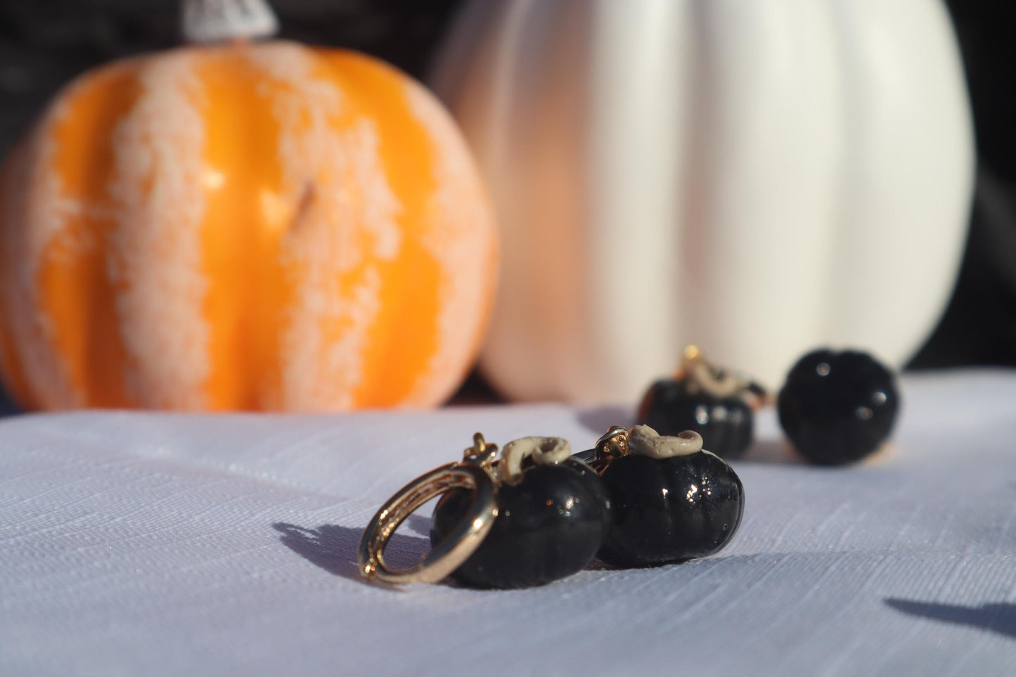 Miniature black pumpkin Huggies,  huggys gold plated 18k gold ,  lightweight handmade beautiful unique earrings. Halloween Autumn Fall