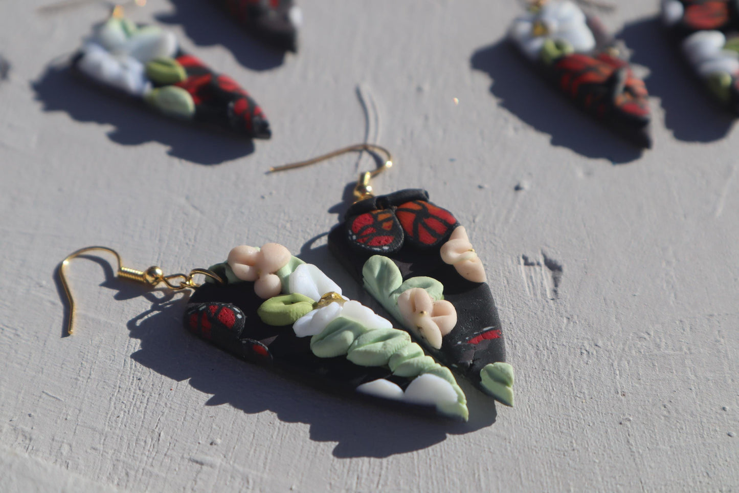 Monarch Madness dagger shape floral dangles, clay lightweight handmade beautiful  earrings, polymer clay, Nickel free findings