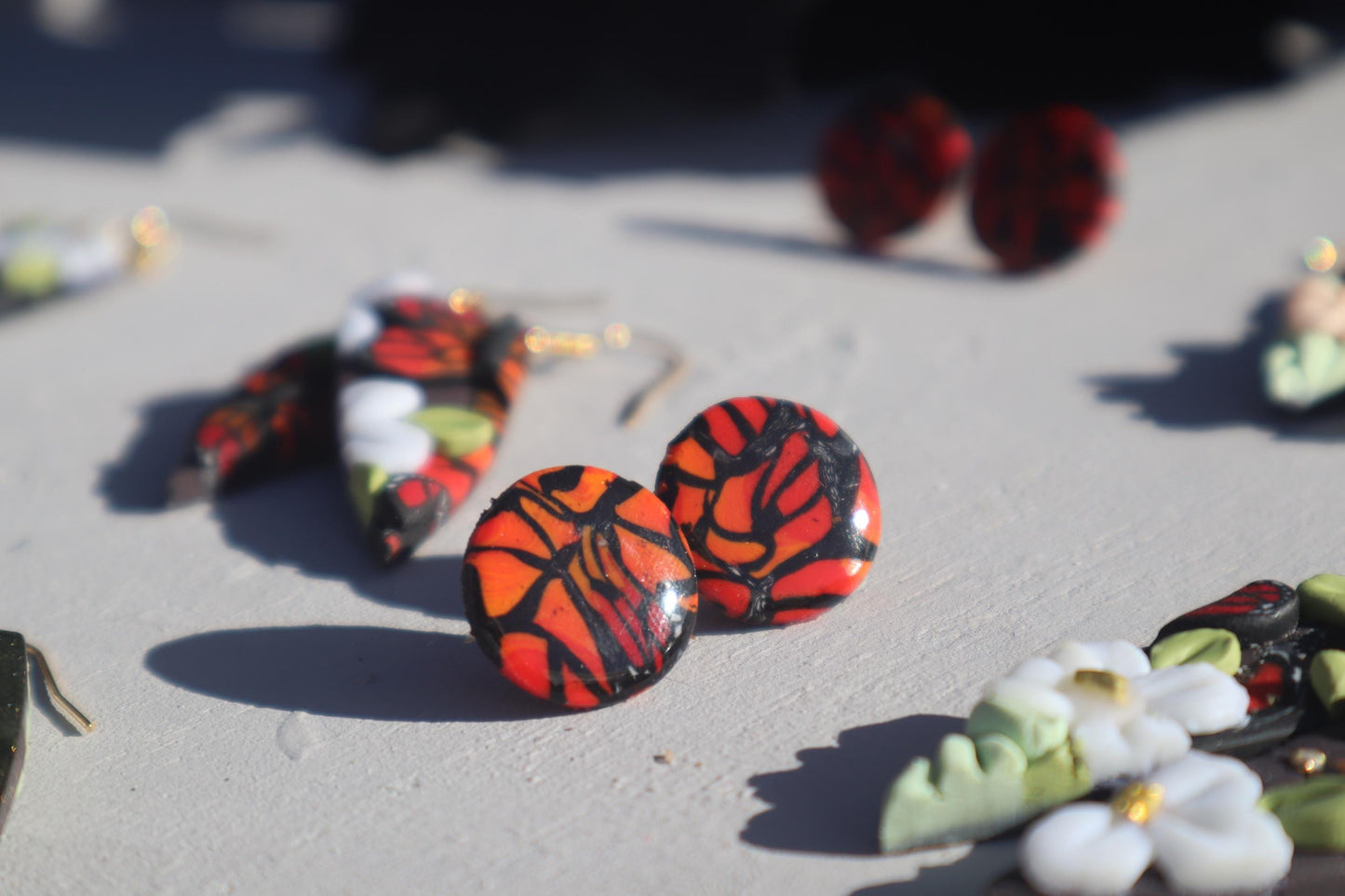 Monarch Madness stud pack, clay lightweight handmade beautiful  earrings, polymer clay, Nickel free findings. One floral and one monarch