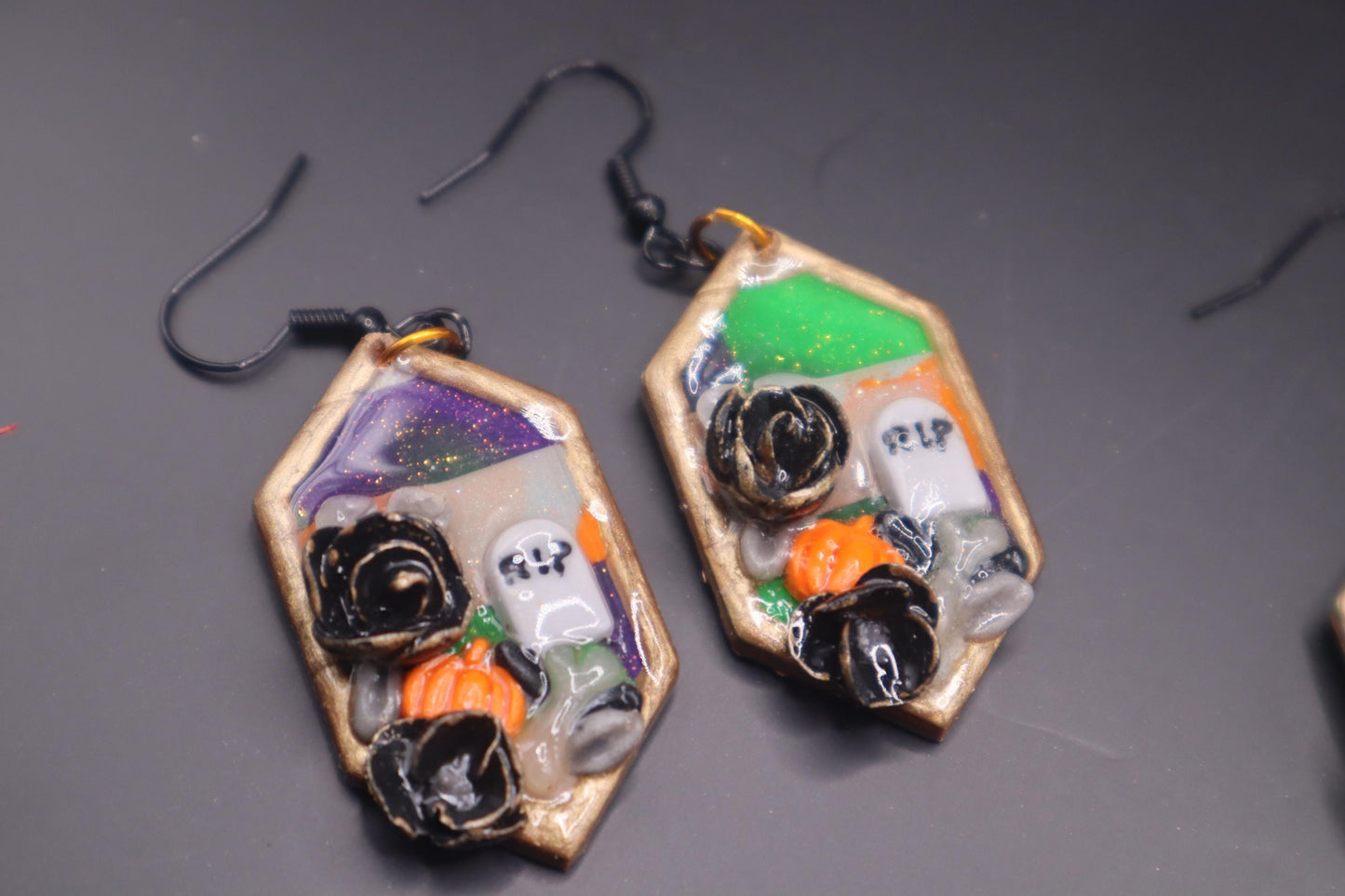Halloween inspired Graveyard dangles,polymer clay lightweight with resin, handmade beautiful earrings, Nickel free findings.