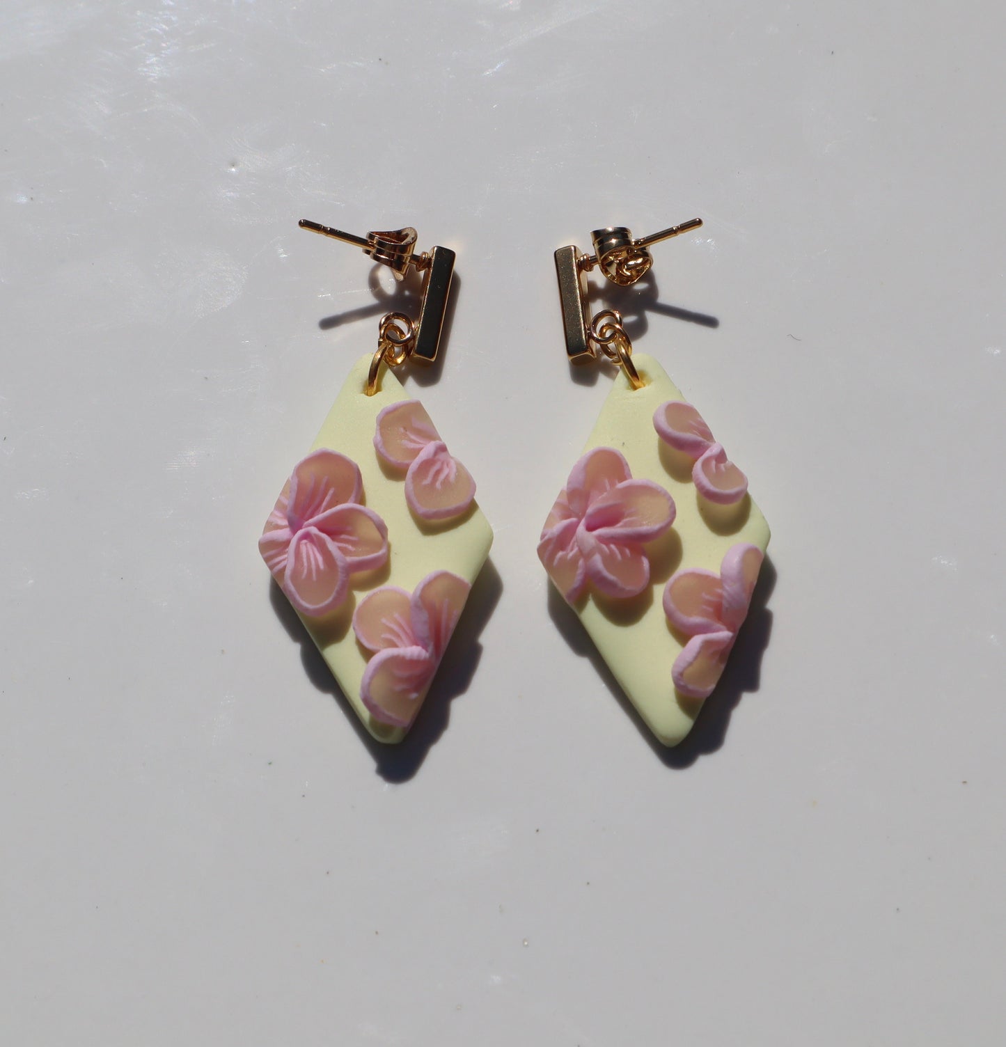Pastel yellow flower dangle studs, clay lightweight handmade beautiful stud earrings, polymer clay, Nickel free 18k gold plated findings.