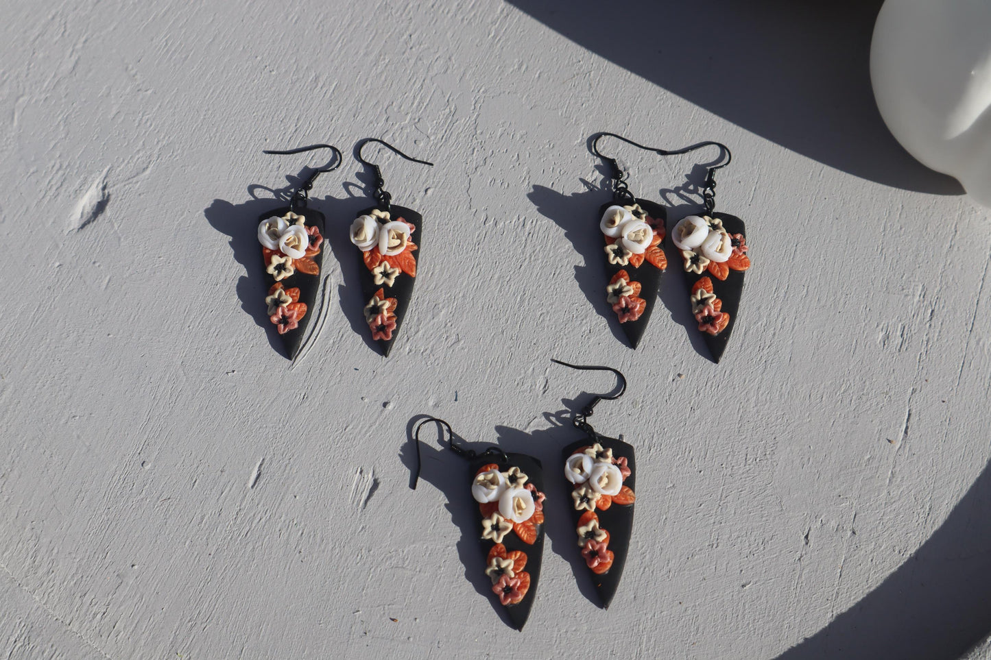 Halloween floral dagger shape dangles, clay lightweight handmade beautiful  earrings, polymer clay, Nickel free findings fall autumn