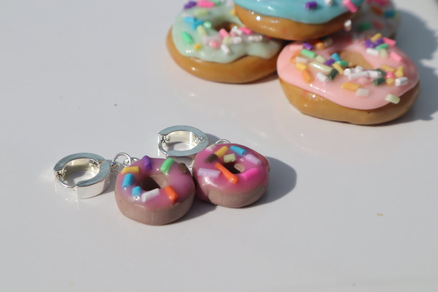 Miniature iced sprinkle doughnut Huggys stainless steel huggys 10/12mm lightweight handmade beautiful unique earrings, polymer clay doughnut