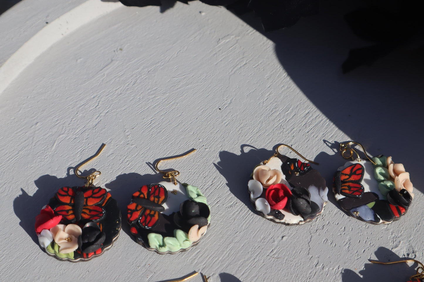 Monarch Madness scalloped edge dangles, clay lightweight handmade beautiful  earrings, polymer clay, Nickel free findings