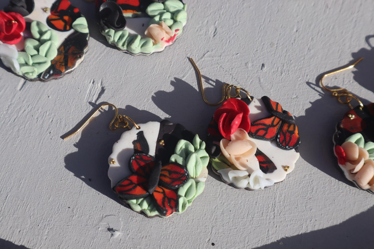 Monarch Madness scalloped edge dangles, clay lightweight handmade beautiful  earrings, polymer clay, Nickel free findings