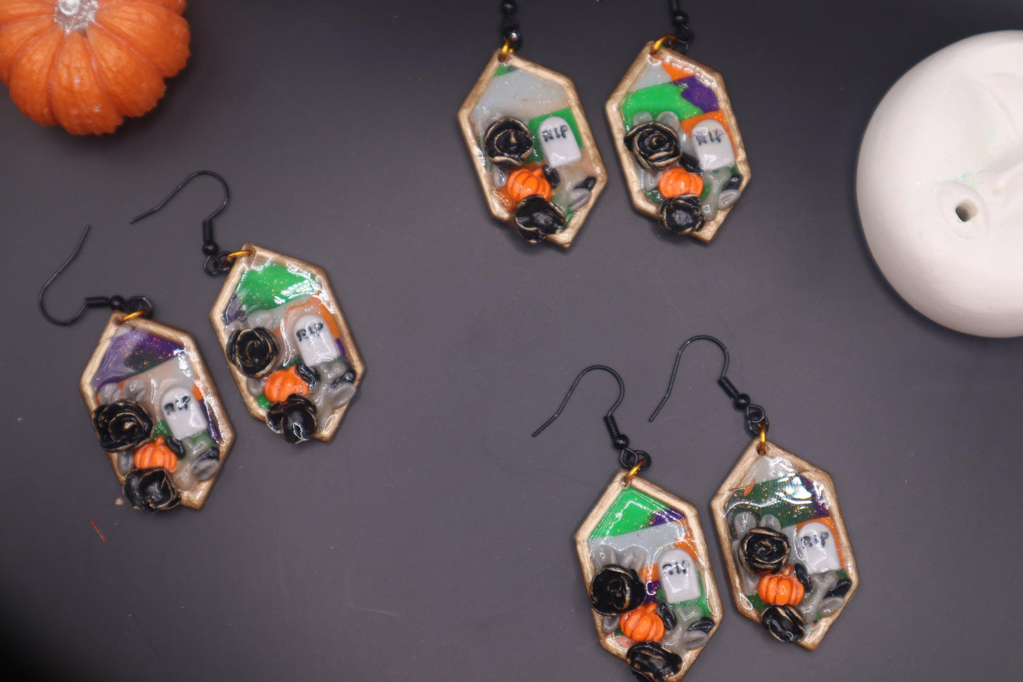 Halloween inspired Graveyard dangles,polymer clay lightweight with resin, handmade beautiful earrings, Nickel free findings.