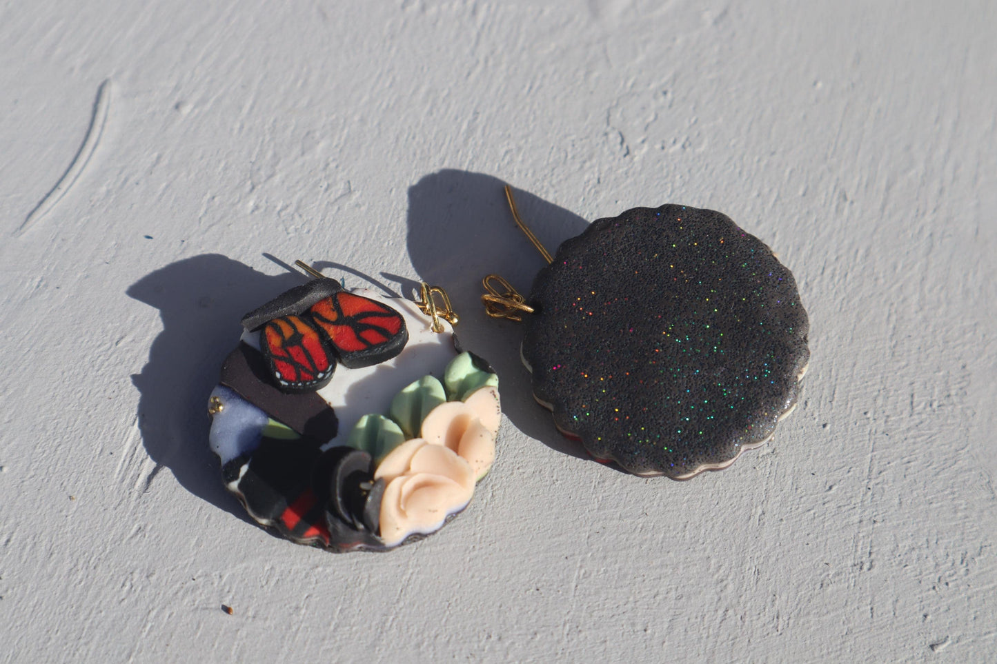 Monarch Madness scalloped edge dangles, clay lightweight handmade beautiful  earrings, polymer clay, Nickel free findings