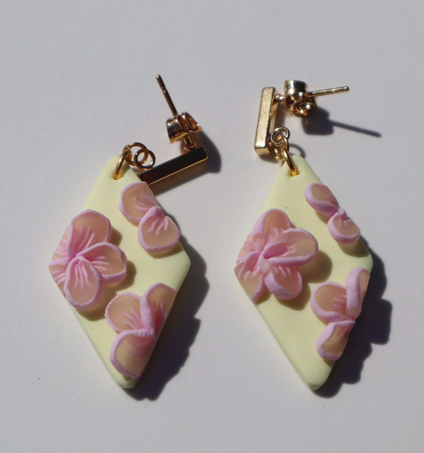 Pastel yellow flower dangle studs, clay lightweight handmade beautiful stud earrings, polymer clay, Nickel free 18k gold plated findings.
