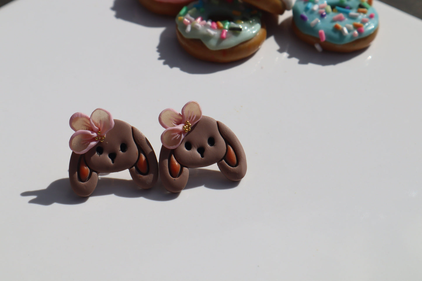 Bunny and flower studs, Resin, clay gold balls lightweight handmade beautiful stud earrings, polymer clay, Nickel free gold findings.