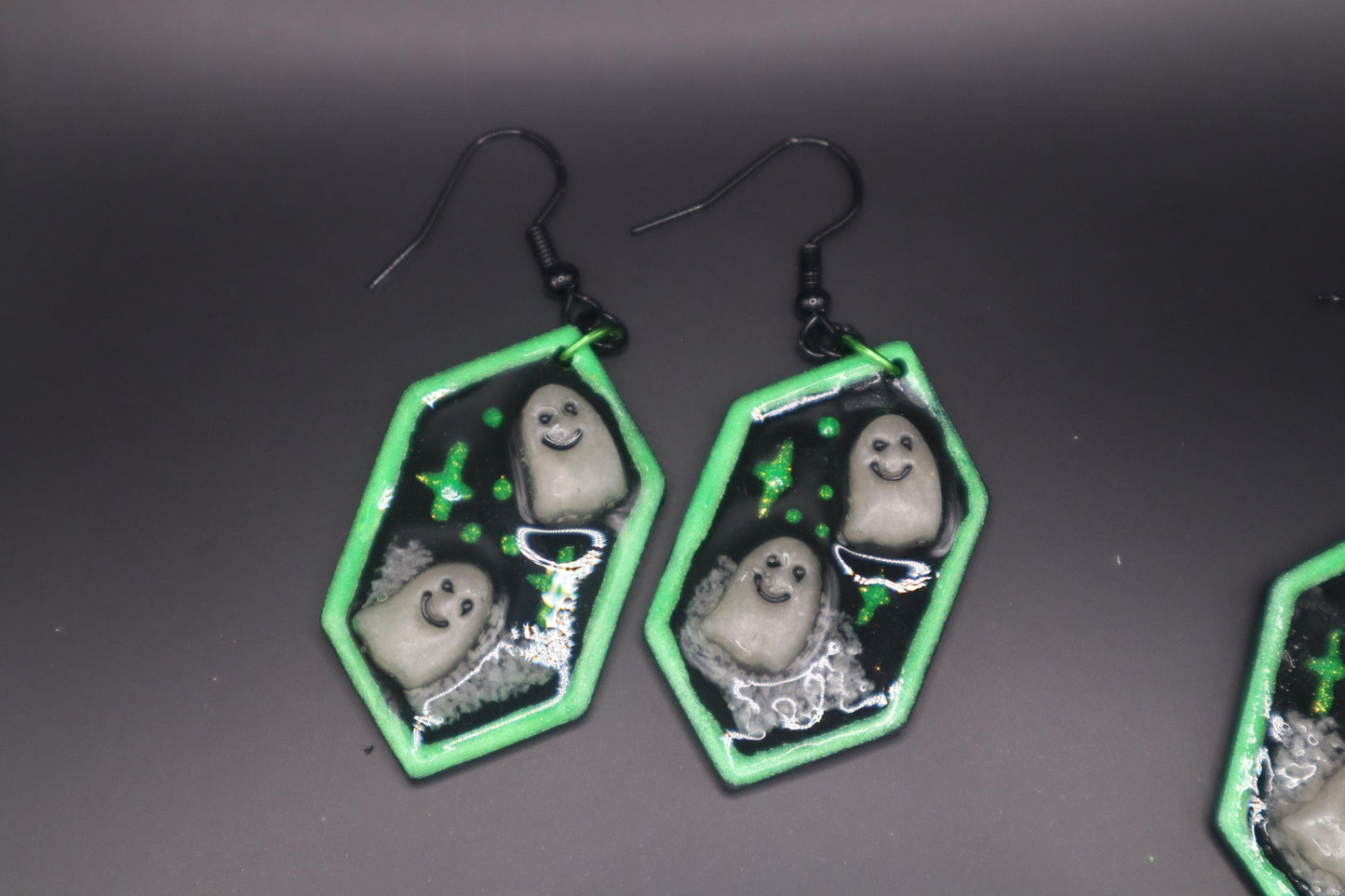 Halloween inspired dangles,polymer clay lightweight with resin, handmade beautiful earrings, Nickel free findings. Ghosts in the night