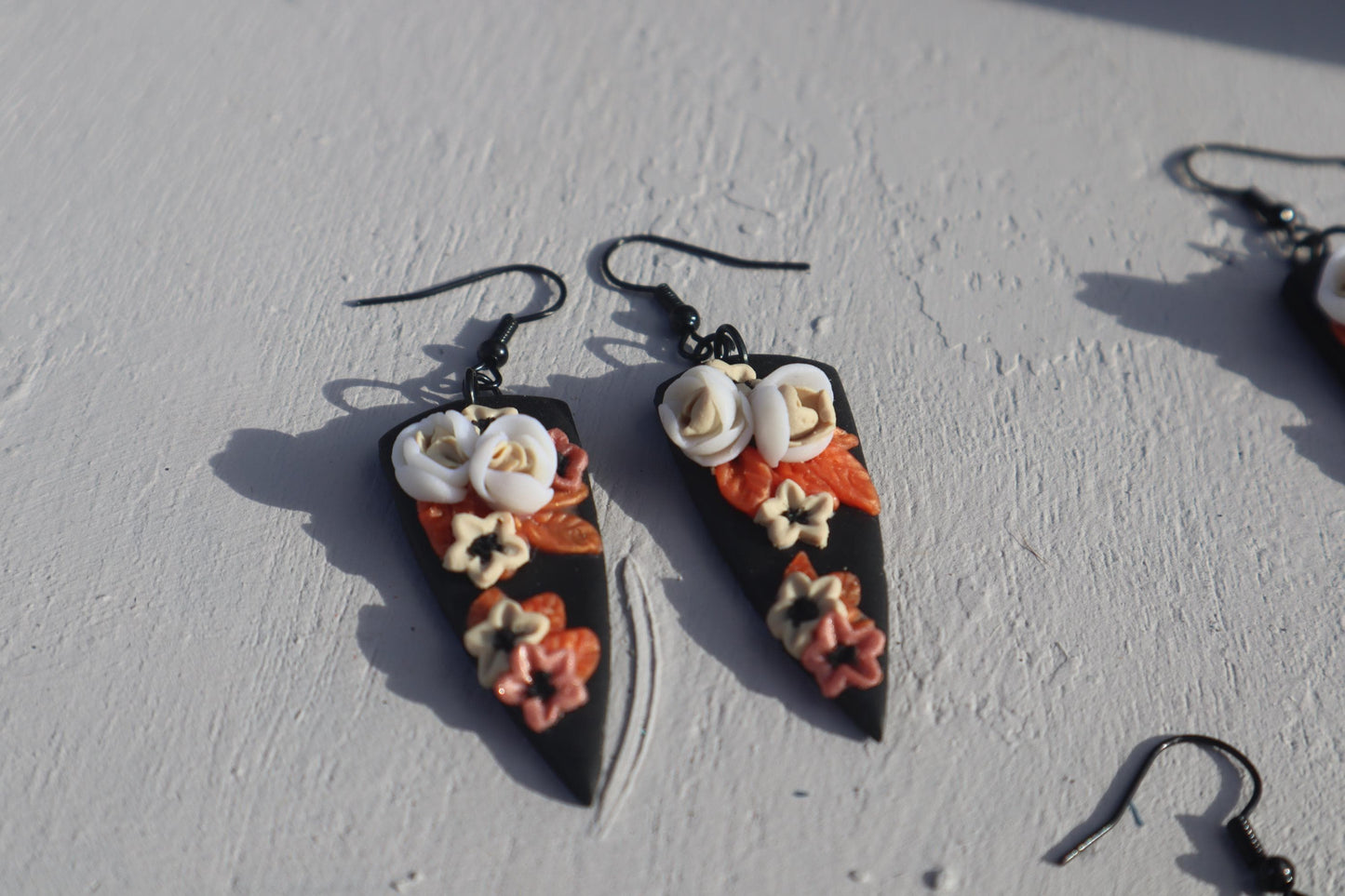 Halloween floral dagger shape dangles, clay lightweight handmade beautiful  earrings, polymer clay, Nickel free findings fall autumn