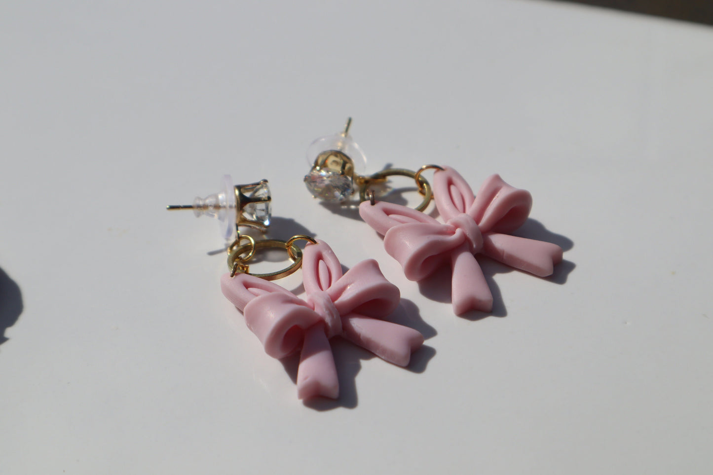 Bunny ear bow dangles, pink/gold diamanté lightweight handmade beautiful stud earrings, polymer clay, Nickel free gold findings.