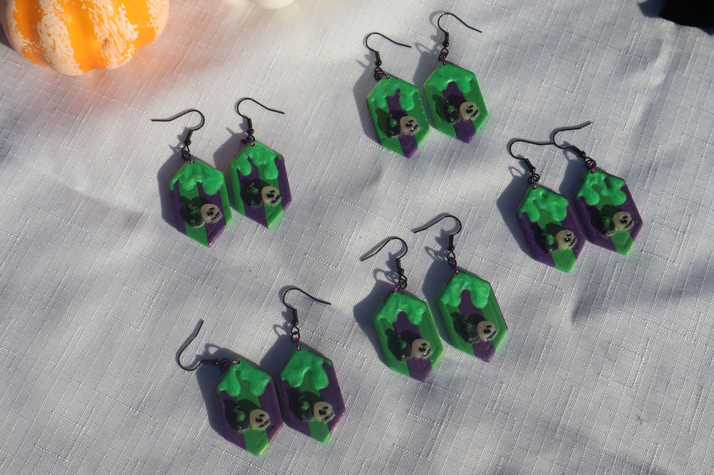 Halloween inspired dangles,polymer clay lightweight with resin, handmade beautiful earrings, Nickel free findings. Beetle juice and ghostly
