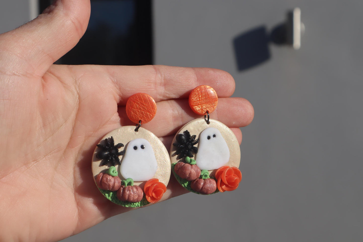 Halloween inspired pumpkin ghost limited edition ,polymer clay lightweight with resin, handmade beautiful earrings, Nickel free findings.