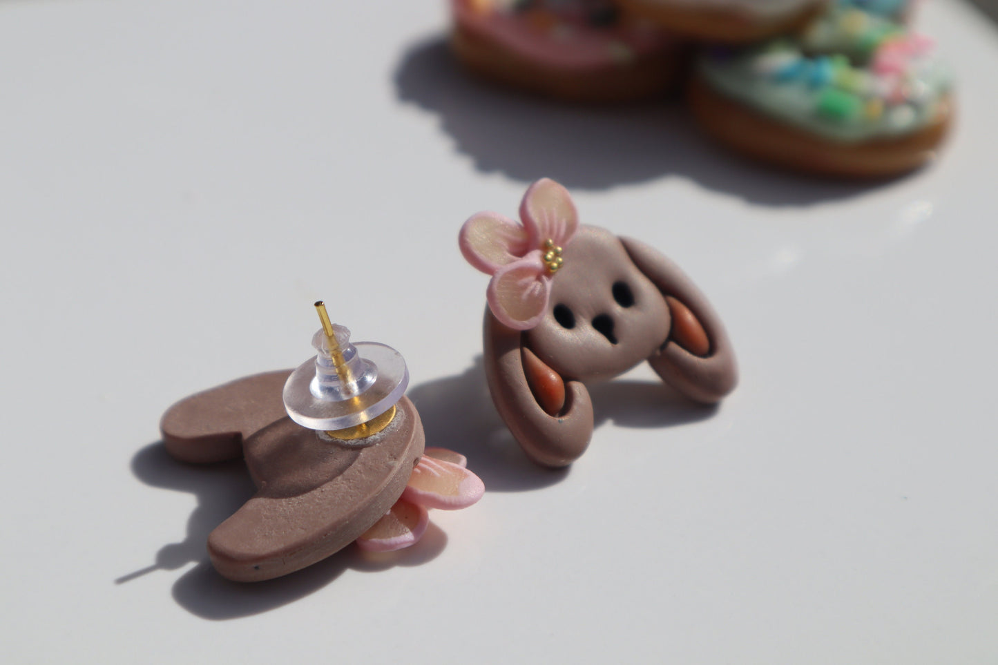 Bunny and flower studs, Resin, clay gold balls lightweight handmade beautiful stud earrings, polymer clay, Nickel free gold findings.