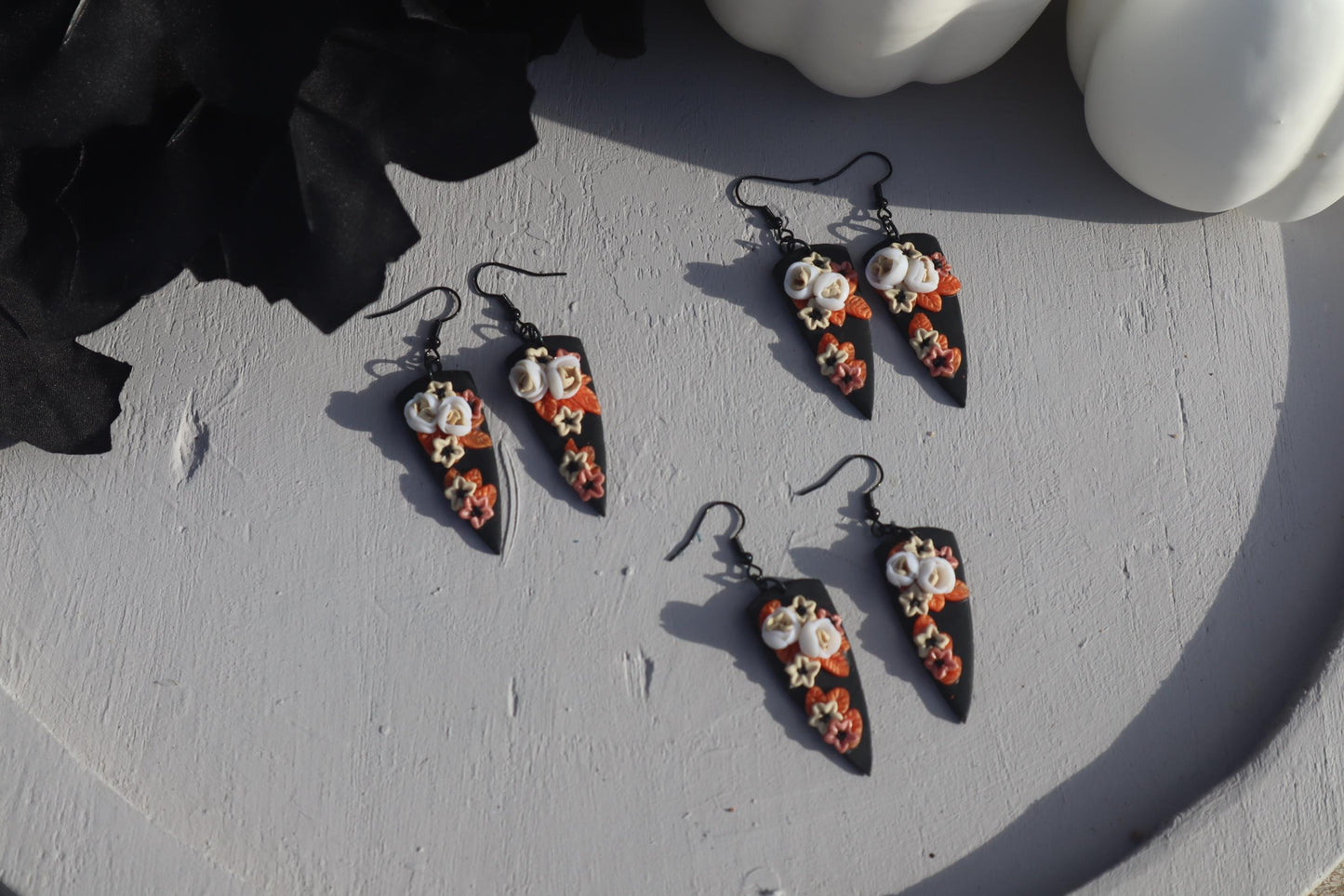 Halloween floral dagger shape dangles, clay lightweight handmade beautiful  earrings, polymer clay, Nickel free findings fall autumn