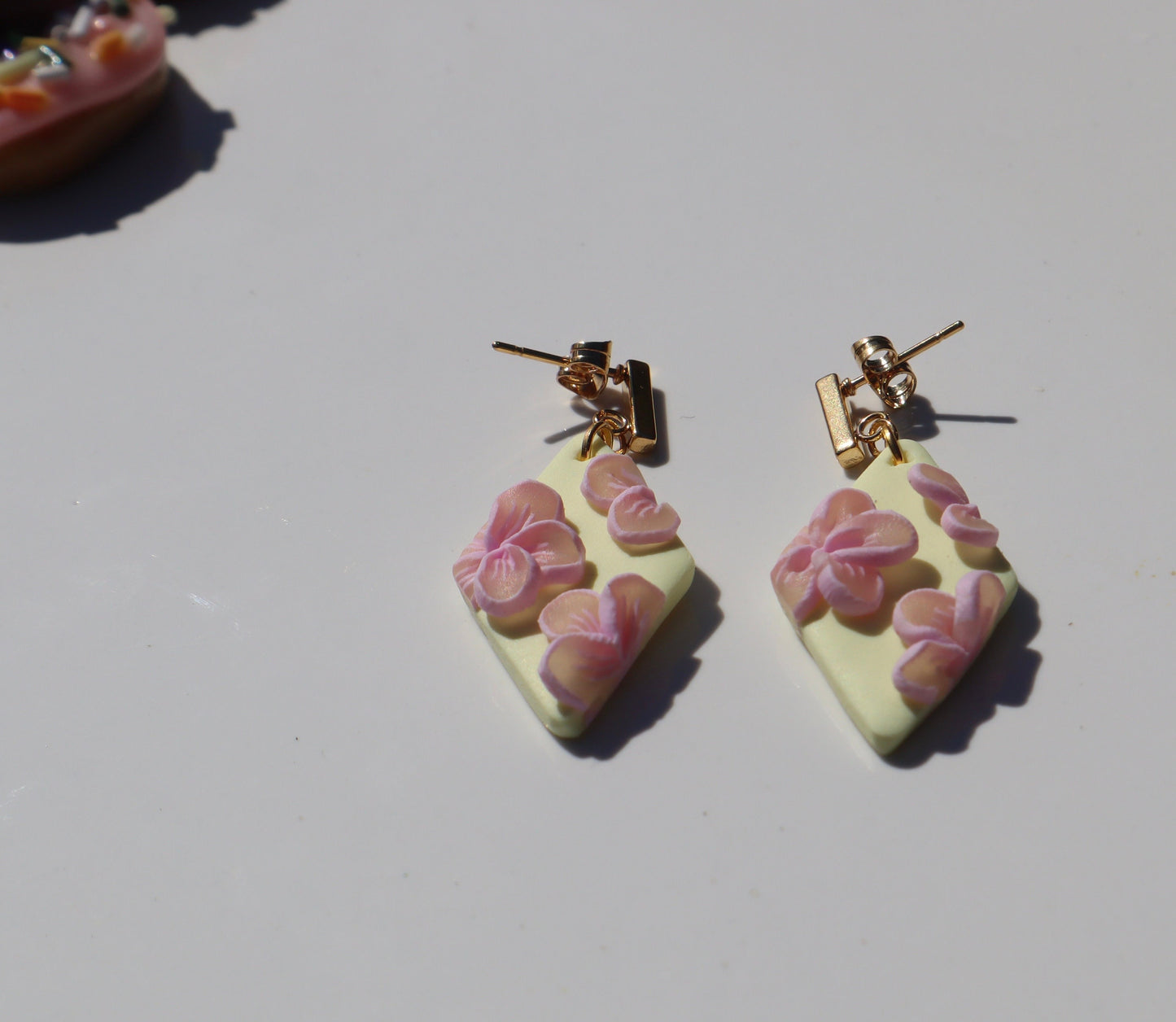 Pastel yellow flower dangle studs, clay lightweight handmade beautiful stud earrings, polymer clay, Nickel free 18k gold plated findings.