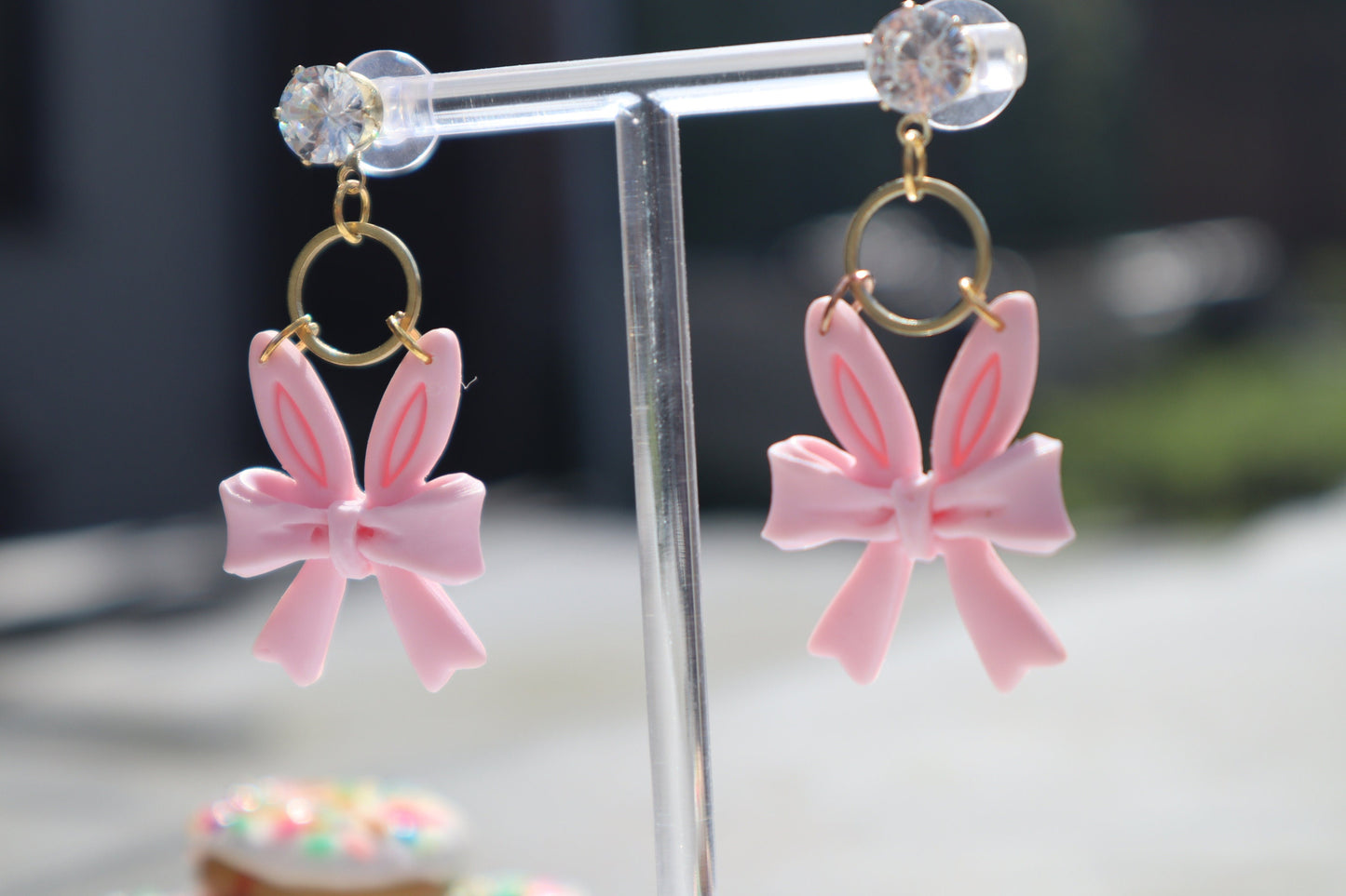 Bunny ear bow dangles, pink/gold diamanté lightweight handmade beautiful stud earrings, polymer clay, Nickel free gold findings.
