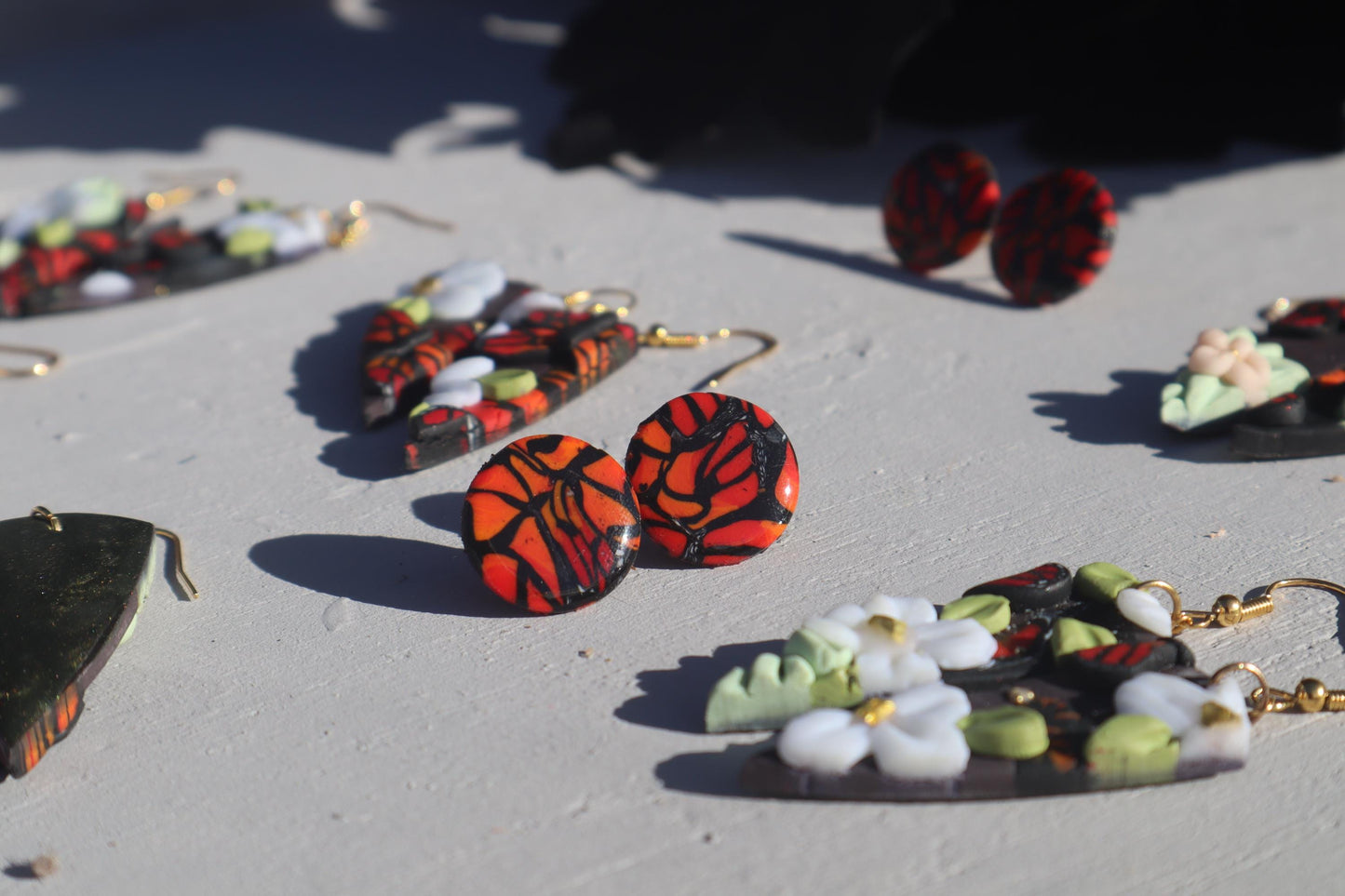 Monarch Madness stud pack, clay lightweight handmade beautiful  earrings, polymer clay, Nickel free findings. One floral and one monarch