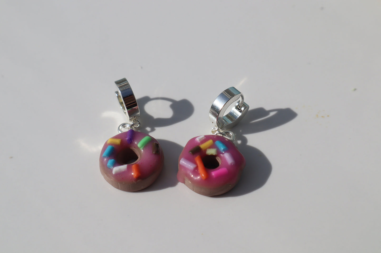 Miniature iced sprinkle doughnut Huggys stainless steel huggys 10/12mm lightweight handmade beautiful unique earrings, polymer clay doughnut