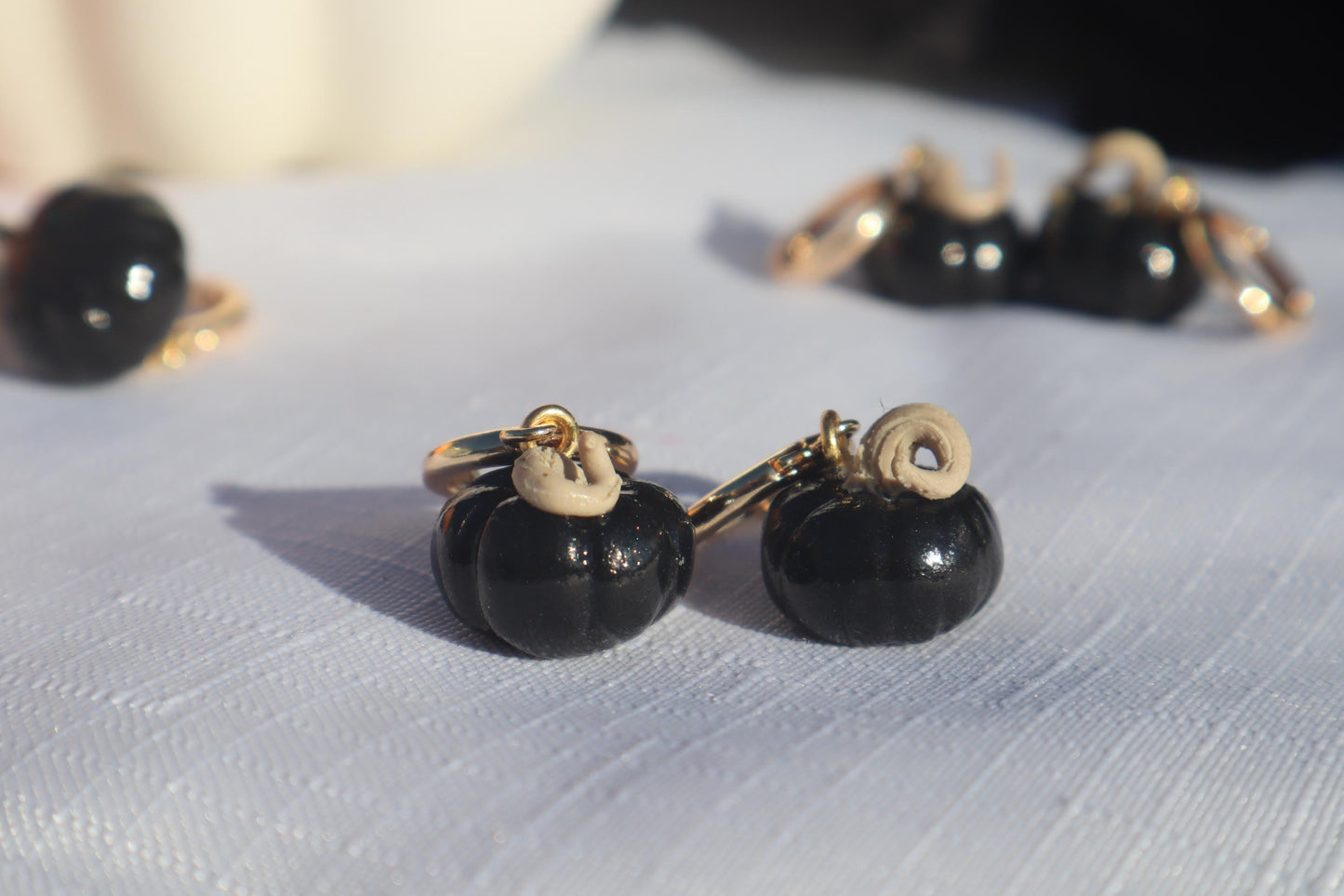 Miniature black pumpkin Huggies,  huggys gold plated 18k gold ,  lightweight handmade beautiful unique earrings. Halloween Autumn Fall