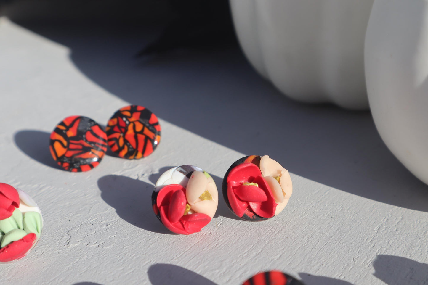 Monarch Madness stud pack, clay lightweight handmade beautiful  earrings, polymer clay, Nickel free findings. One floral and one monarch