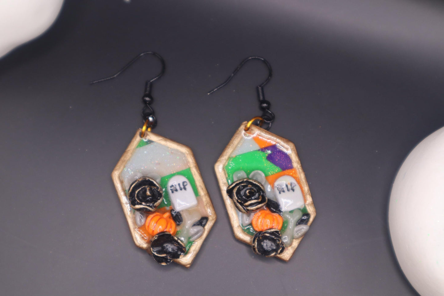 Halloween inspired Graveyard dangles,polymer clay lightweight with resin, handmade beautiful earrings, Nickel free findings.