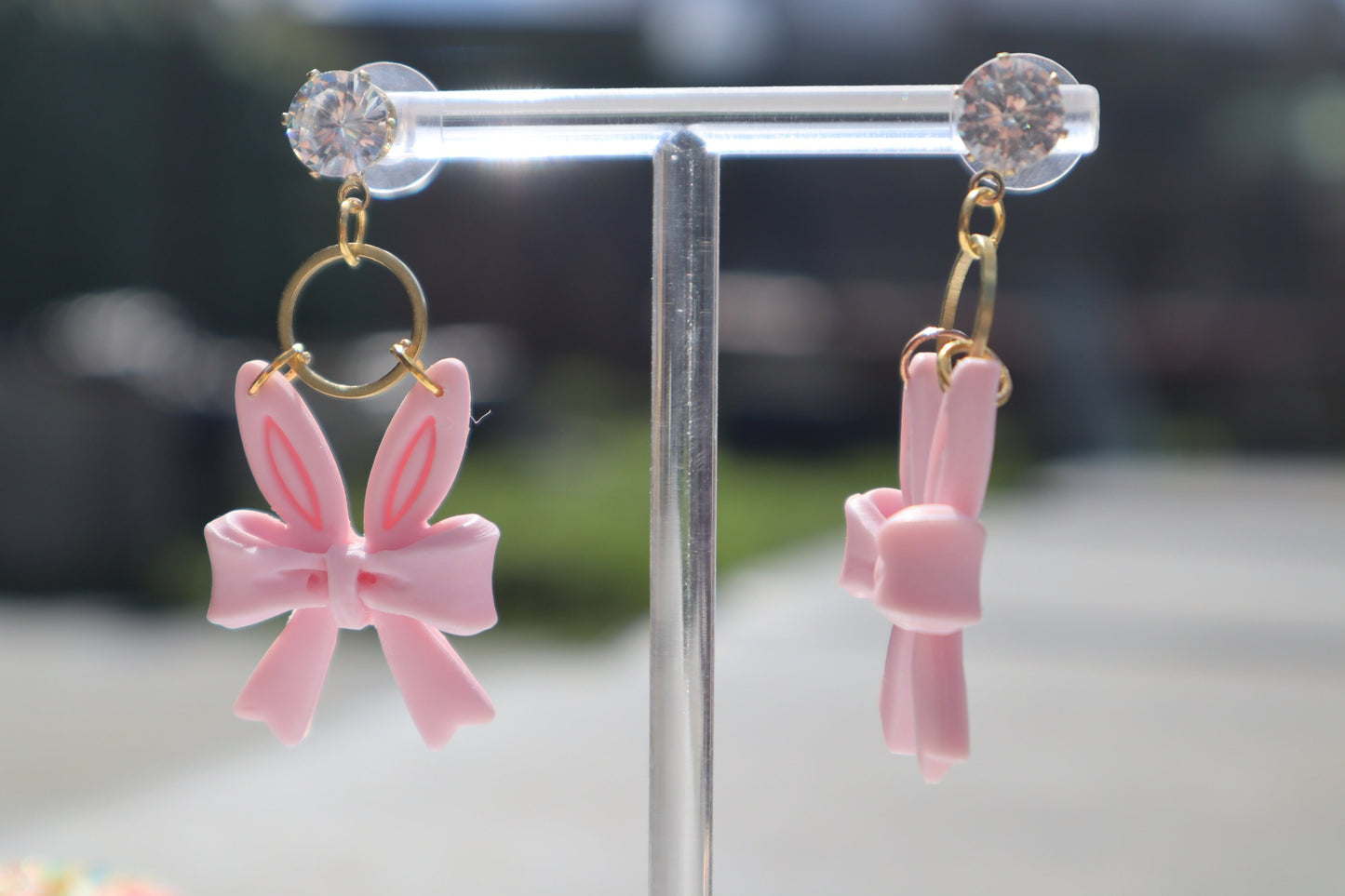 Bunny ear bow dangles, pink/gold diamanté lightweight handmade beautiful stud earrings, polymer clay, Nickel free gold findings.
