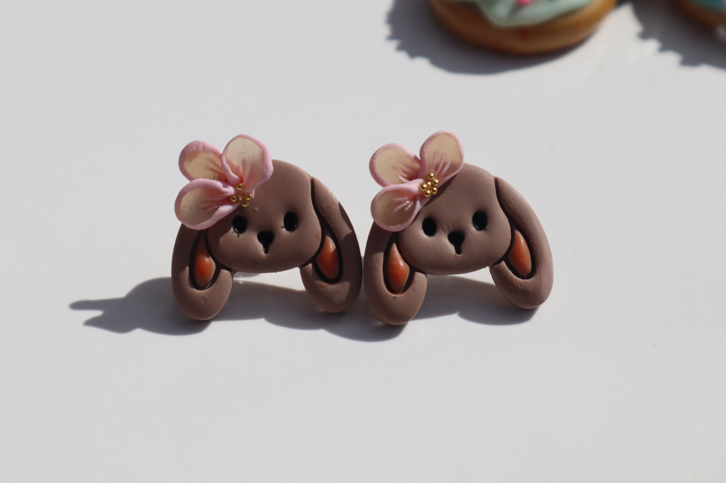 Bunny and flower studs, Resin, clay gold balls lightweight handmade beautiful stud earrings, polymer clay, Nickel free gold findings.