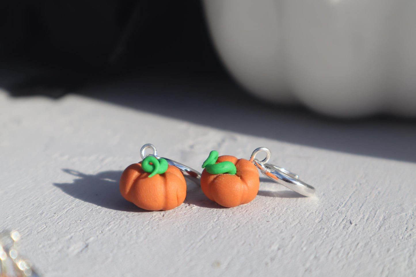 Miniature orange pumpkin Huggies 925 sterling silver lightweight handmade beautiful unique earrings, polymer clay fall Halloween pumpkins